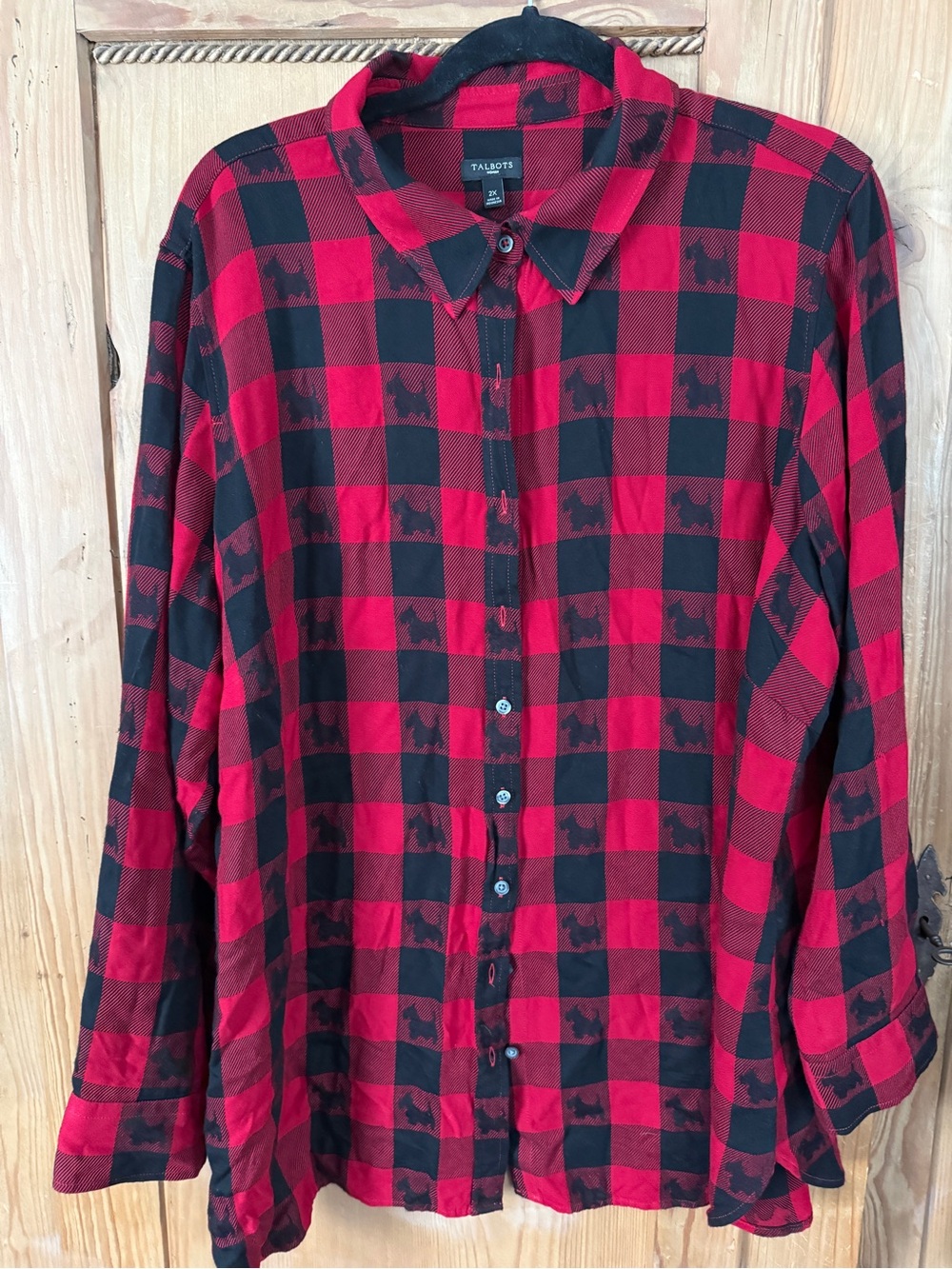Talbots Red and Black Buffalo Plaid Button-Down Shirt with Scotty Dog Motif